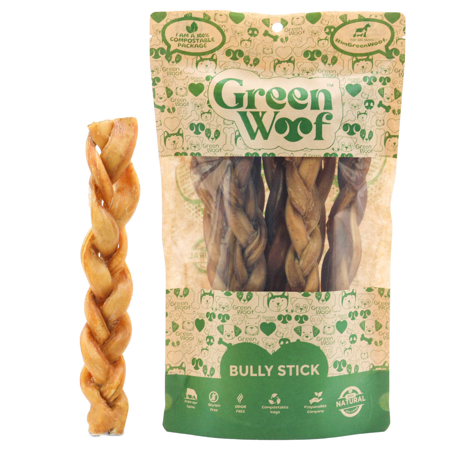 Green Woof Braided Bully Sticks